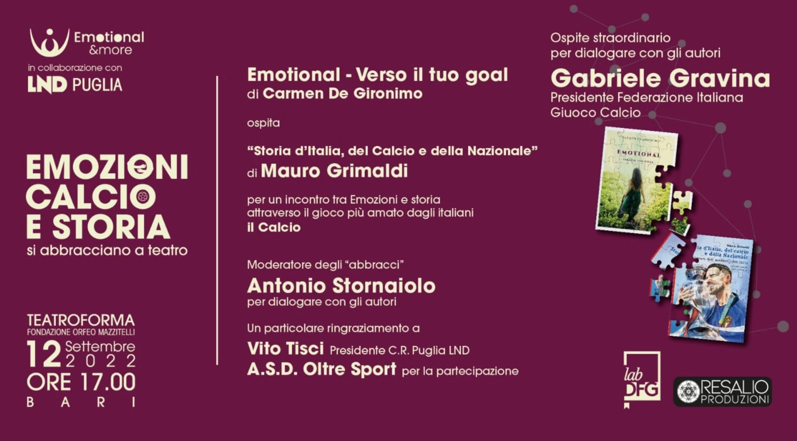 Emozioni, calcio e storia si abbracciano nel Teatro Forma di Bari il 12 settembre alle 17.00