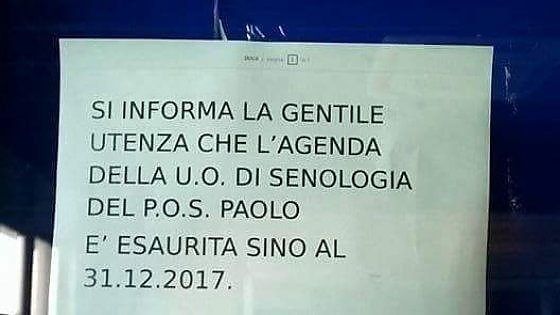 Bari, cartello affisso all’ospedale San Paolo: ‘Agenda delle mammografie esaurita fino al 2017’