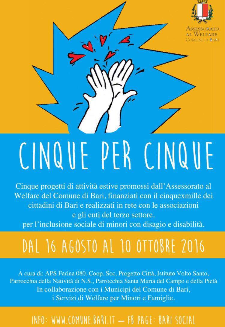 Bari, cinque progetti estivi per l’inclusione di 120 minori promossi con i fondi del 5×1000