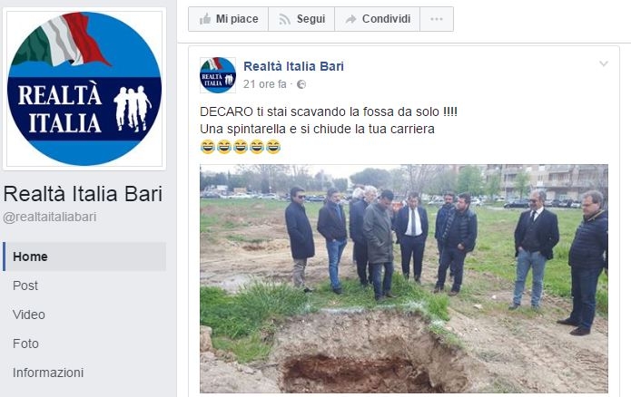 Bari, il macabro post di Realtà Italia contro Decaro: ‘Ti stai scavando la fossa da solo’