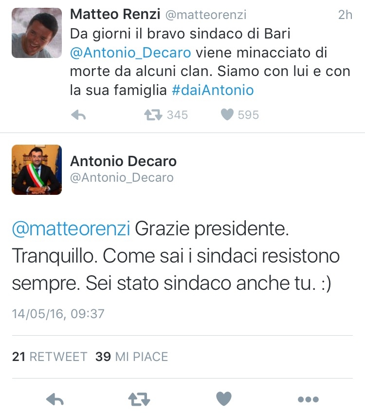 Bari, il premier Renzi sostiene Decaro dopo le minacce: ‘Siamo con te, #daiAntonio’
