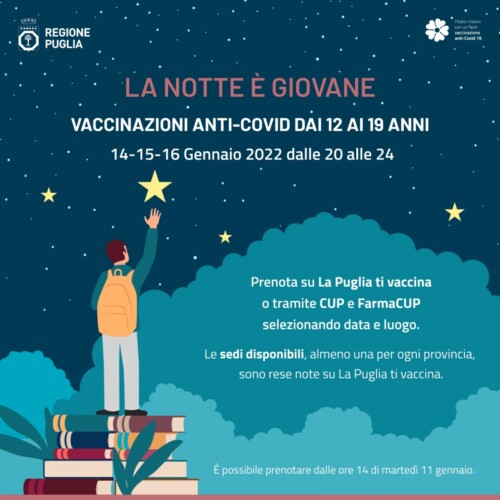 Covid, in Puglia hub aperti di notte per vaccinare la fascia 12-19 anni