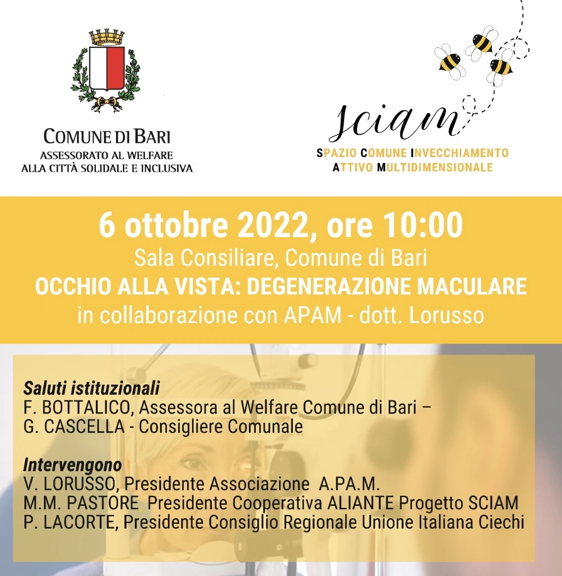 BARI, PROGETTO SCIAM DOMANI A PALAZZO DI CITTÀ LA PRESENTAZIONE DI ‘OCCHIO ALLA VISTA’