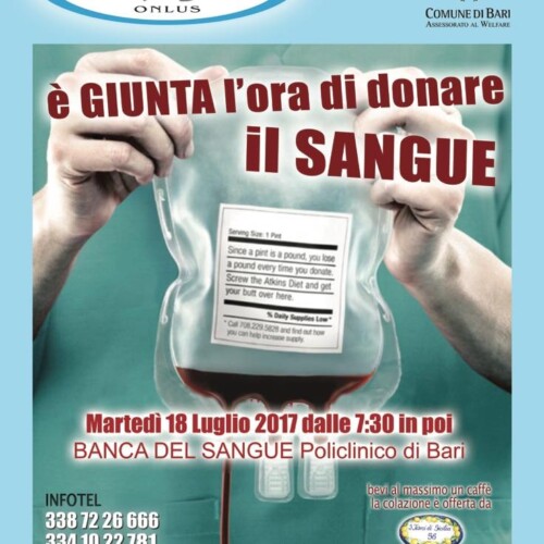 Emergenza sangue a Bari, Ciao Vinny organizza raccolta straordinaria al Policlinico