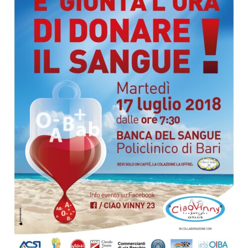 Emergenza sangue, la Fondazione ‘Ciao Vinny’ organizza una raccolta straordinaria al Policlinico di Bari