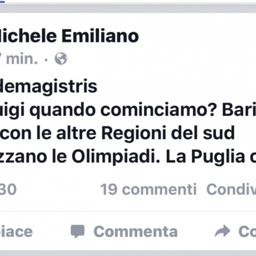 Emiliano sui social al sindaco De Magistris: ‘Organizziamo le Olimpiadi al Sud, la Puglia ci sta’