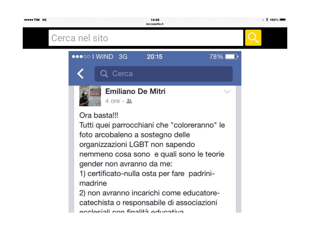 Messaggio shock del vice parroco di Scorrano contro diritti LGBT