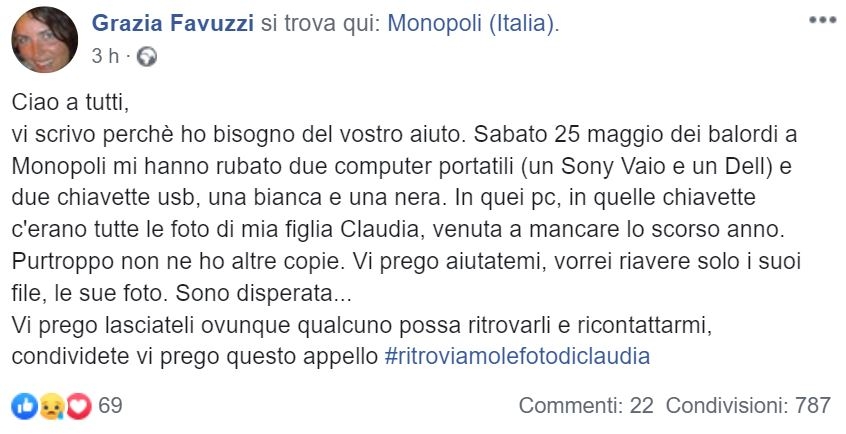 Monopoli, le rubano i pc e le pen drive con le foto della figlia morta. L’appello della madre: ‘Restituitemi le immagini’