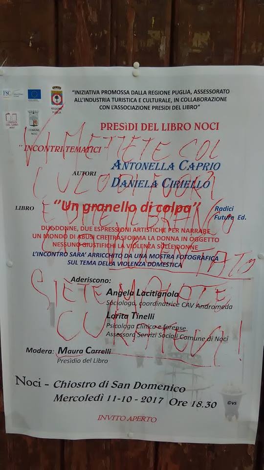 Noci, scritte sessiste alla presentazione di un libro sulle donne: ‘Siete malate, curatevi’