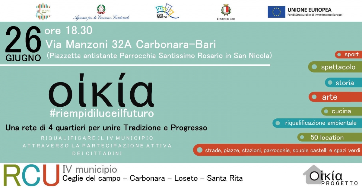 ‘Oikia in festa’, domani al via le attività della Rete Civica Urbana a Carbonara