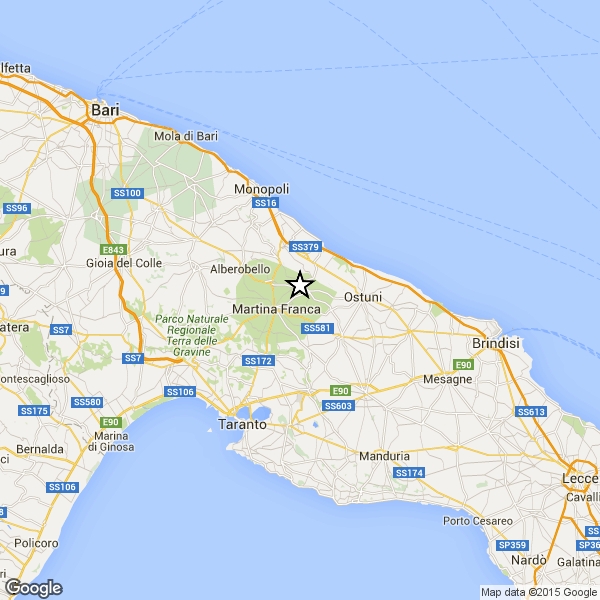 Terremoto magnitudo 2.8 avvertito in tutta la Valle D’Itria: epicentro tra Alberobello e Martina Franca