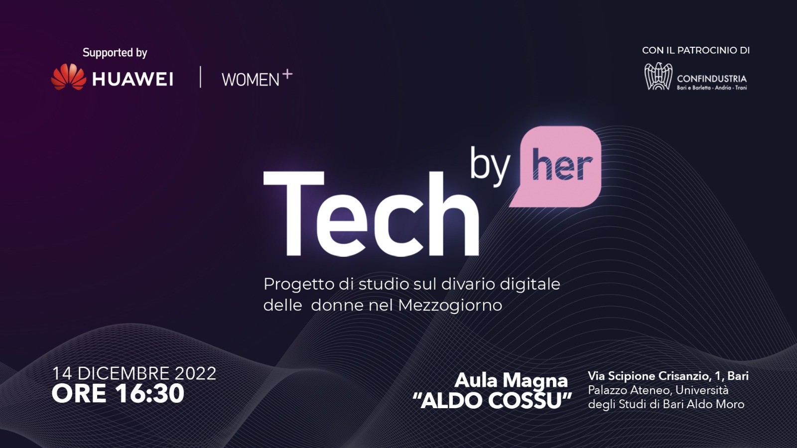 Mercoledì 14 dicembre Huawei e Women+ presenteranno all’Università di Bari  ‘Tech by Her’ progetto di studio sul divario digitale delle donne nel Mezzogiorno