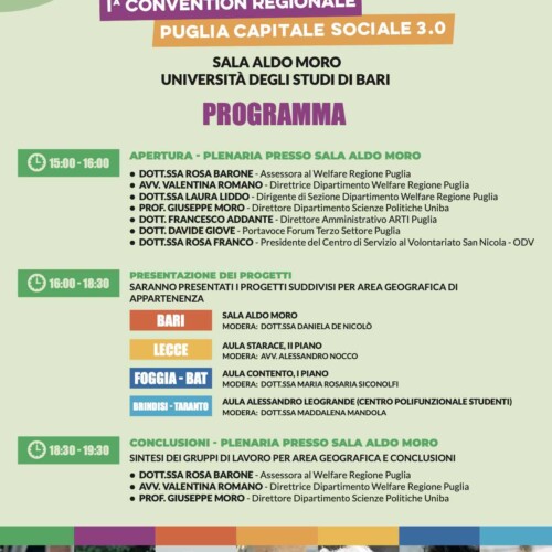Lunedì 29 maggio la prima convention regionale PugliaCapitaleSociale 3.0 organizzata dal Dipartimento Welfare della Regione Puglia