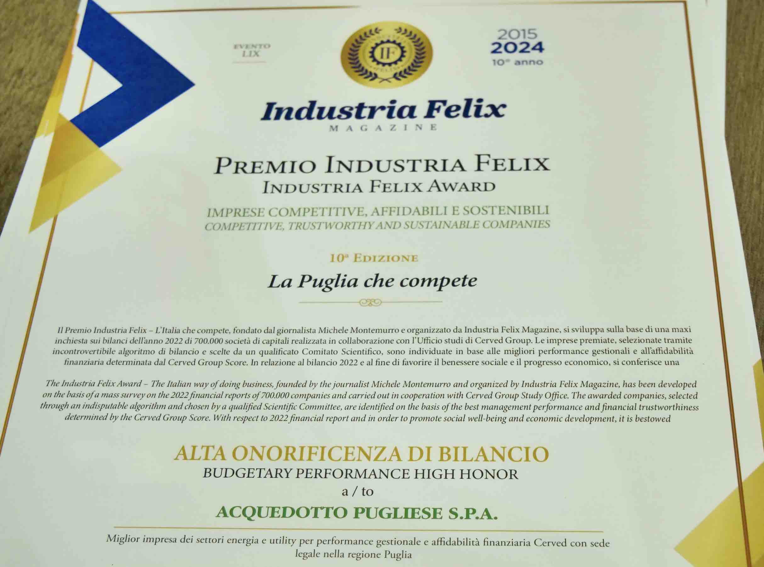 Performance gestionali e affidabilità finanziaria, ad AQP il Premio Industria Felix 2024