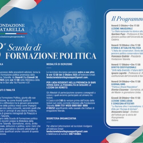 SCUOLA DI FORMAZIONE POLITICA FONDAZIONE TATARELLA. AL VIA LE ISCRIZIONI