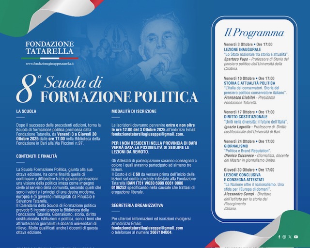 SCUOLA DI FORMAZIONE POLITICA FONDAZIONE TATARELLA. AL VIA LE ISCRIZIONI