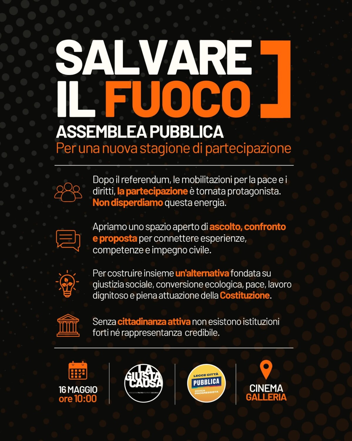 "Salvare il fuoco” – Assemblea pubblica 16 maggio 2026 – ore 10.00 Cinema Galleria – Bari