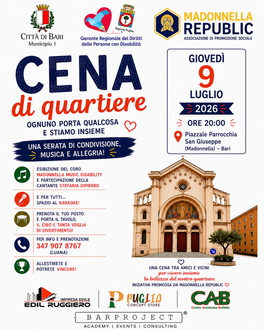 Il 9 luglio nel piazzale della parrocchia San Giuseppe torna l’appuntamento con la Cena di quartiere promossa da Madonnella Republic APS con il patrocinio del Municipio 1