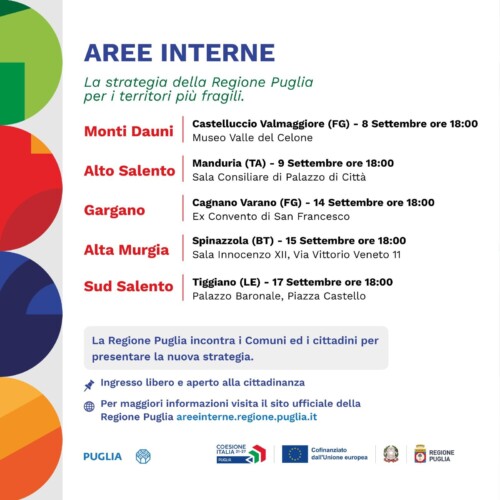 Aree interne, l’8 settembre parte il tour della Regione Puglia: cinque tappe per costruire insieme la strategia dei territori più fragili