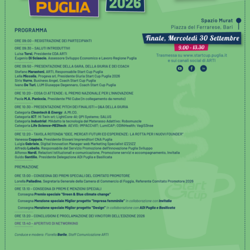 Dalle idee al mercato: a Bari la sfida finale della Start Cup Puglia 2026