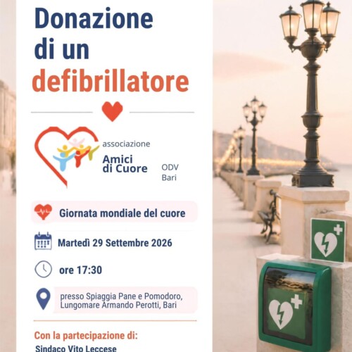Giornata mondiale del cuore: il 29 settembre a Pane e Pomodoro la donazione di un defibrillatore da parte dell’associazione “Amici di cuore ODV”