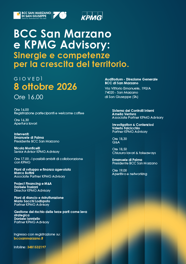 BCC San Marzano e KMPG Advisory: competenze e consulenza per la crescita delle imprese del territorio