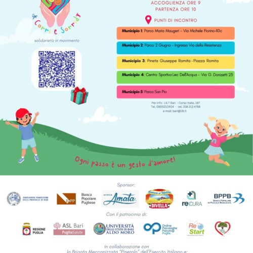 “CORRI E SORRIDI – SOLIDARIETÀ IN MOVIMENTO”: IL 16 OTTOBRE 2000 PARTECIPANTI NEI CINQUE MUNICIPI PER UNA GIORNATA DI SPORT, PREVENZIONE E SOLIDARIETÀ PROMOSSA DALLA LILT BARI