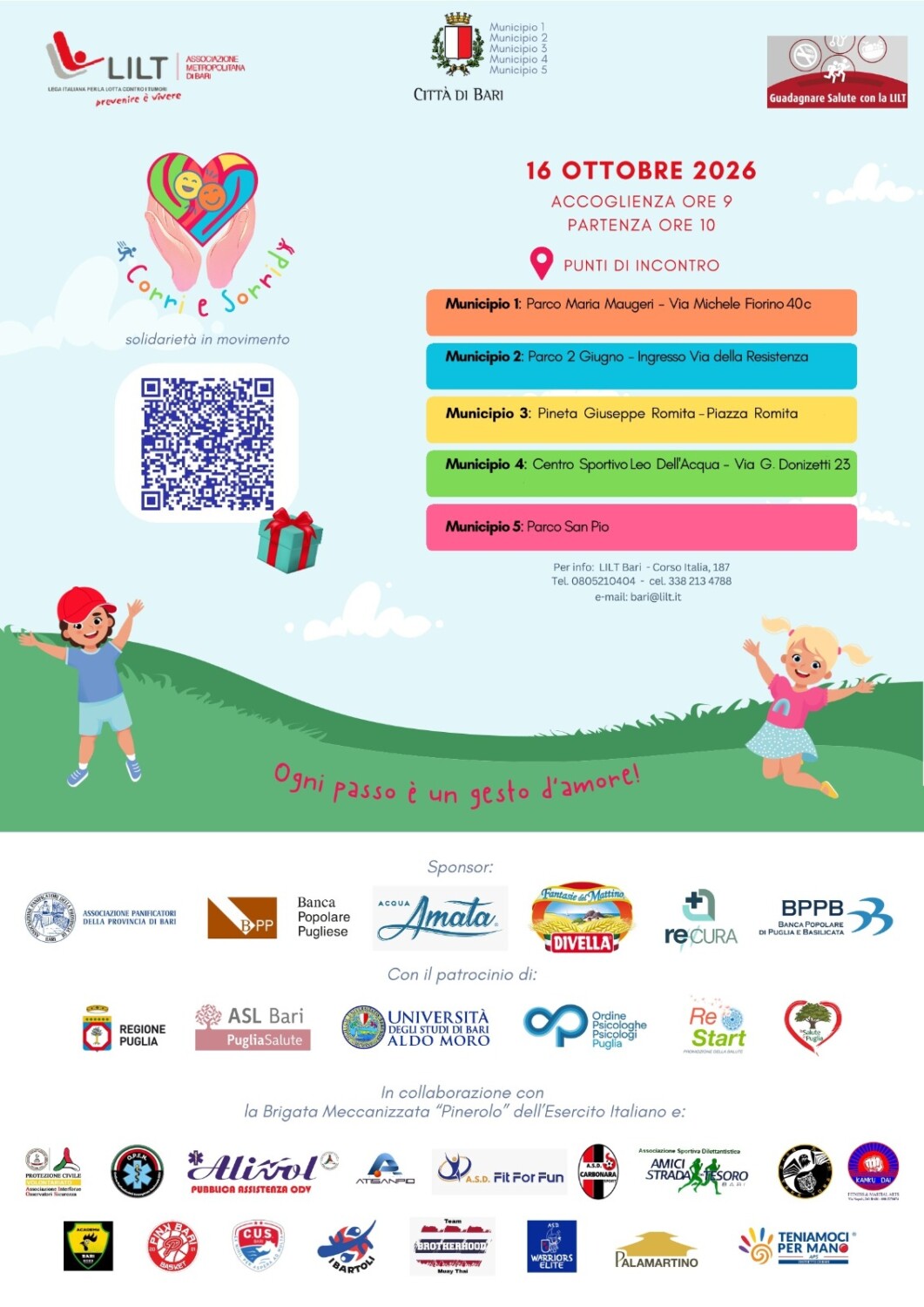 "CORRI E SORRIDI - SOLIDARIETÀ IN MOVIMENTO": IL 16 OTTOBRE 2000 PARTECIPANTI NEI CINQUE MUNICIPI PER UNA GIORNATA DI SPORT, PREVENZIONE E SOLIDARIETÀ PROMOSSA DALLA LILT BARI