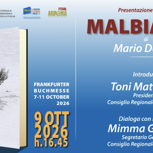 Fiera del libro di Francoforte, nello stand del Consiglio regionale della Puglia “Malbianco” di Mario Desiati: un viaggio nelle radici della famiglia, tra memoria e identità