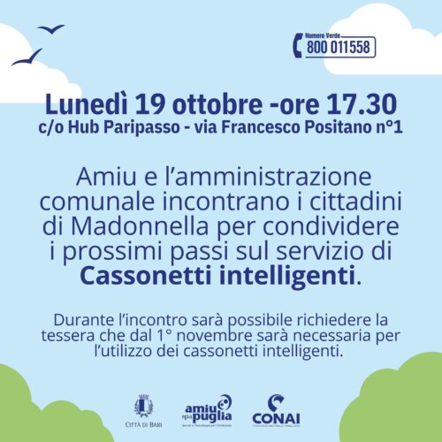Il 19 ottobre l’incontro pubblico aperto ai residenti sui “cassonetti intelligenti” a Madonnella in vista dell’attivazione del sistema di apertura digitale