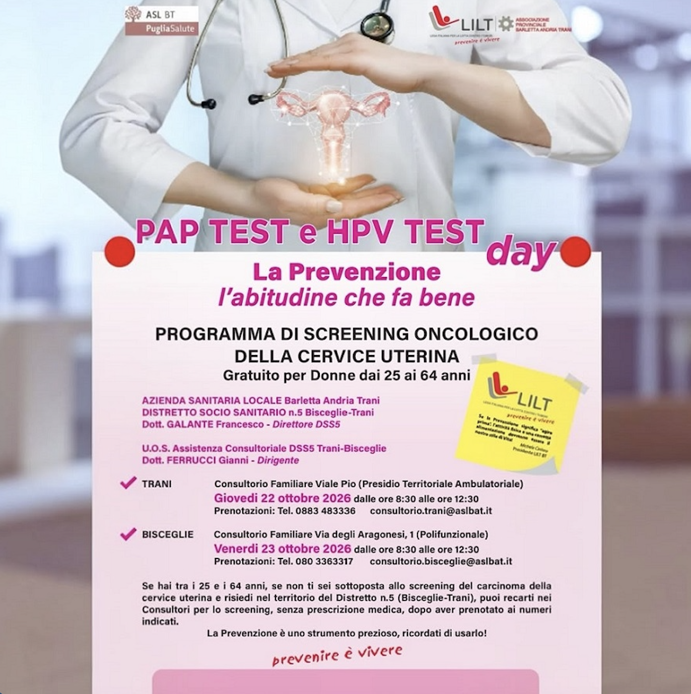 MESE DELLO SCREENING: PAP TEST E HPV TEST DAY NEI CONSULTORI DI TRANI E BISCEGLIE IL 22 E 23 OTTOBRE
