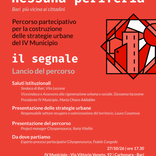 “Nessuna periferia: Bari più vicina ai cittadini”: il 27 ottobre a Carbonara si apre il confronto sul futuro del Municipio IV e dell’ex compendio Rai